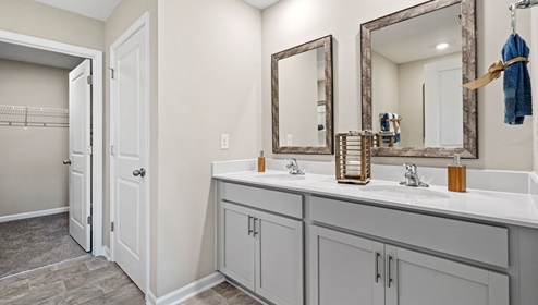 Bathroom with double vanity sink and walk in closet.