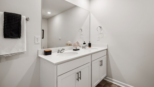Bathroom with double vanity sink.