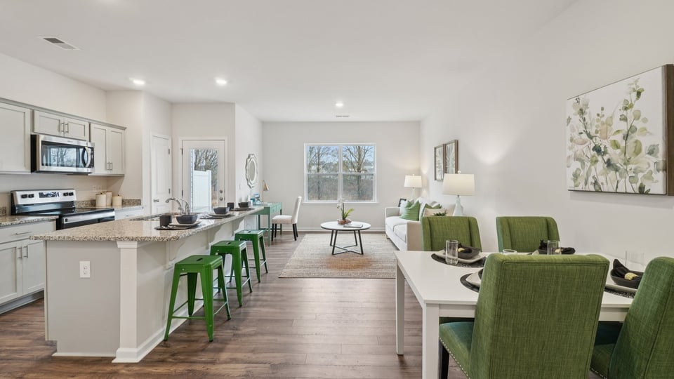 Family room with windows and fireplace.