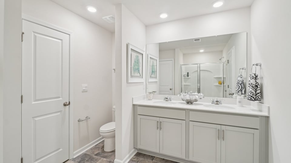 Bathroom with double vanity sink.