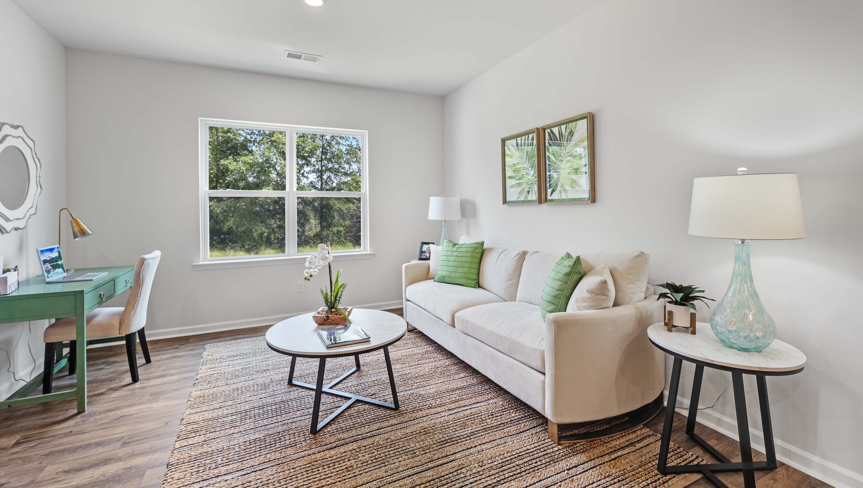 Family room with windows.