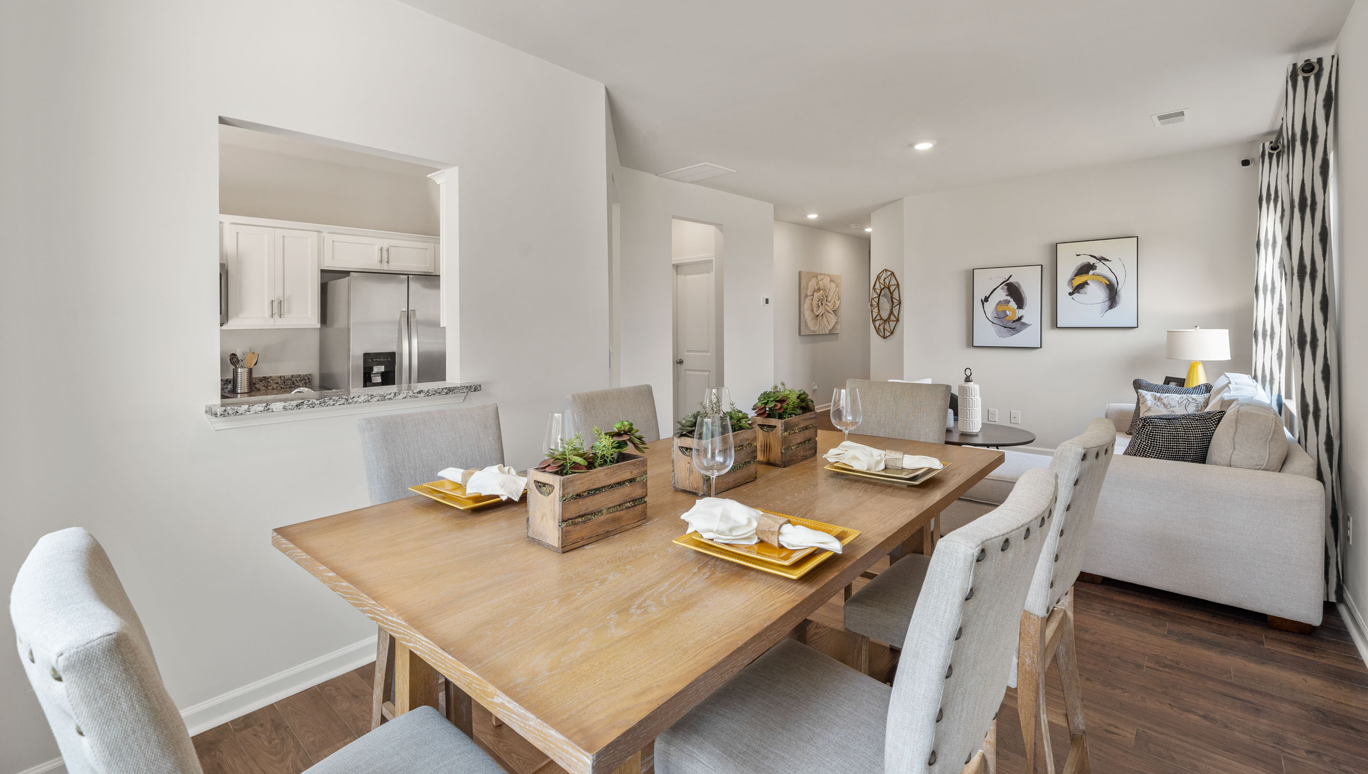 Dining room with large window.