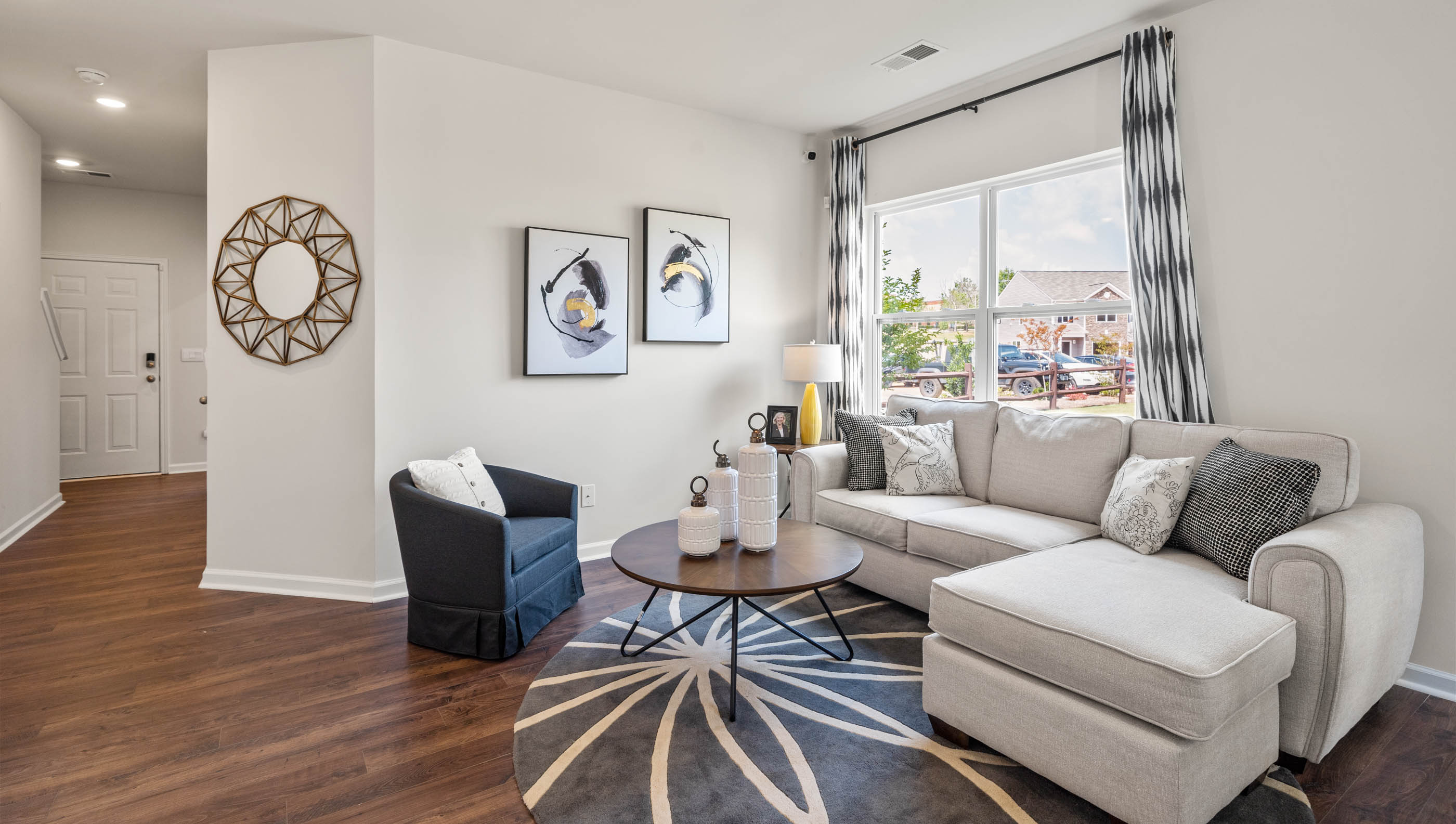 Living room with large window.