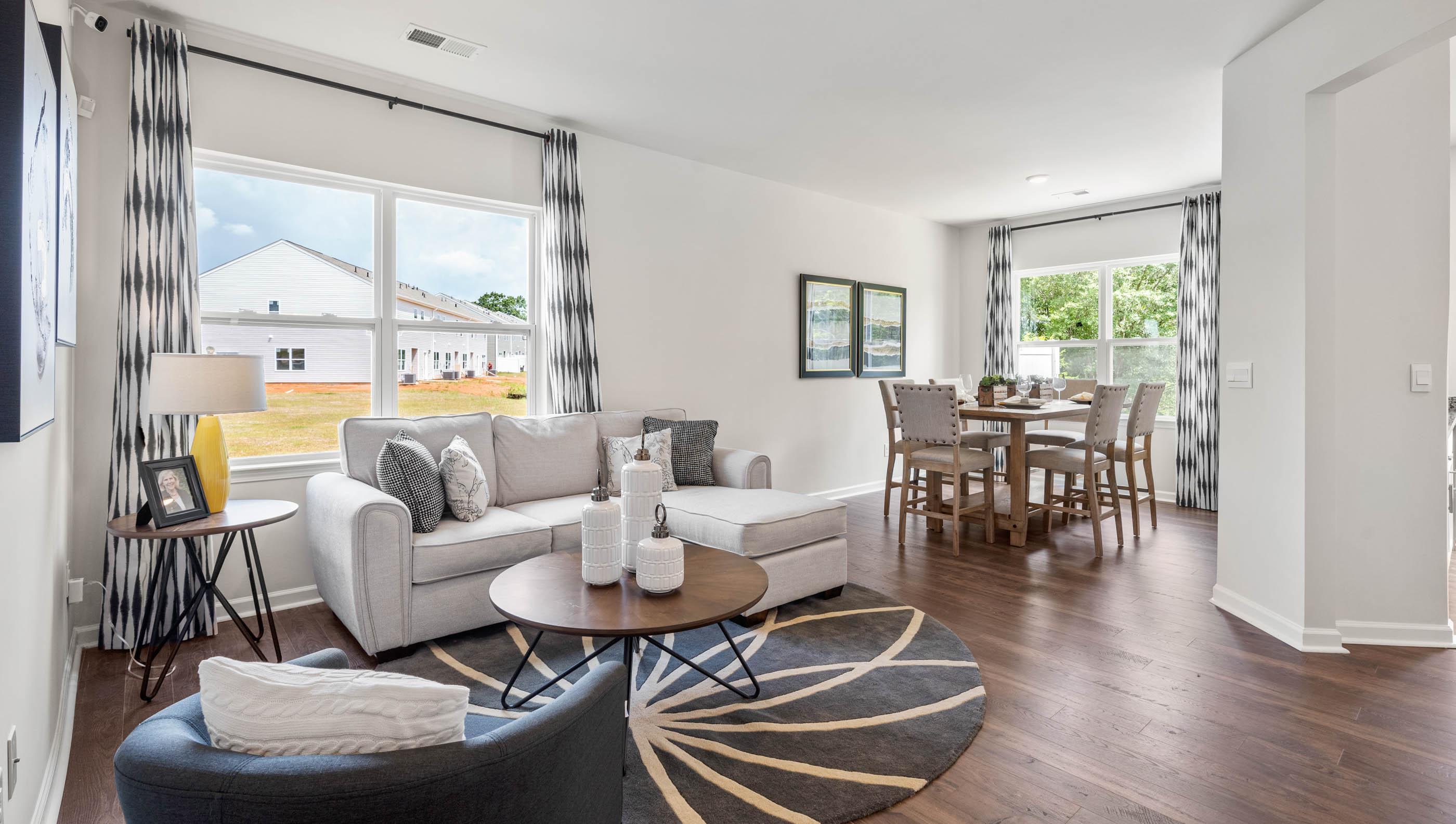 Family room with windows.