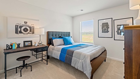 Bedroom with carpets and window.