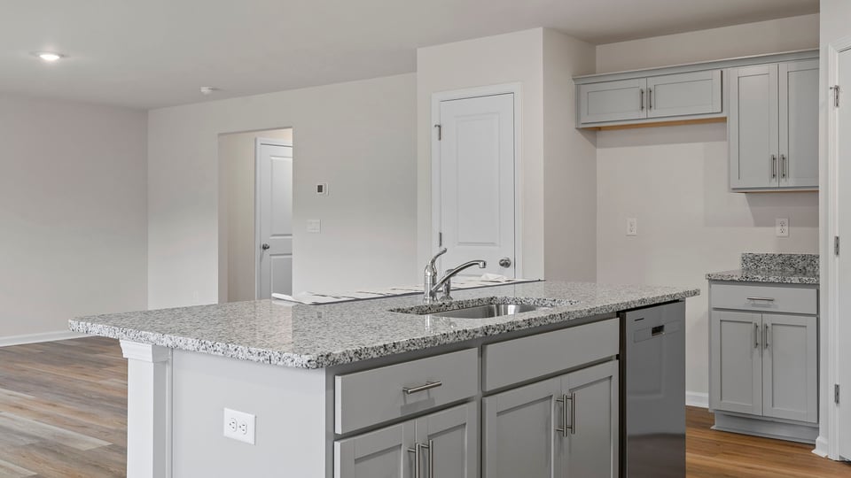 Kitchen island overlooks the family room and hosts the sink and dishwasher.