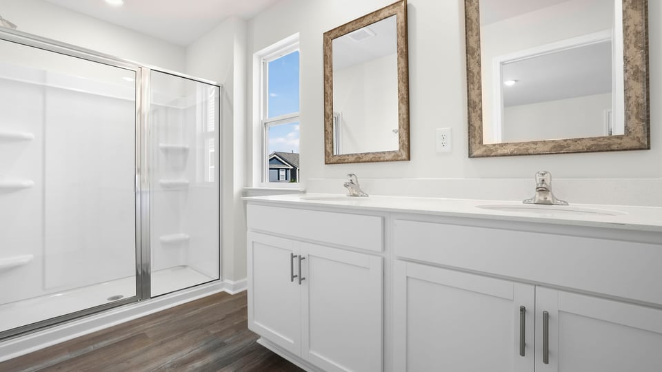 Bathroom with double vanity sink.