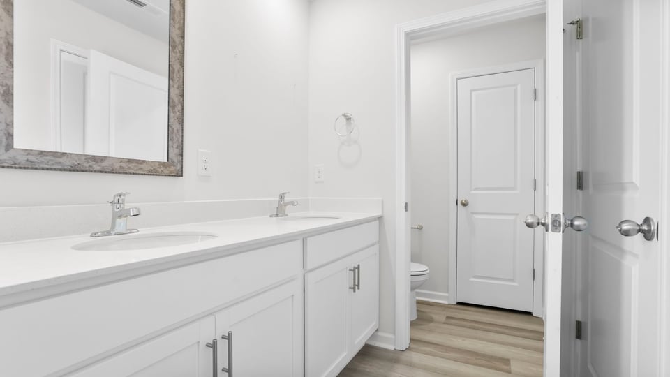 Primary bath with dual sink vanity and walk-in closet.