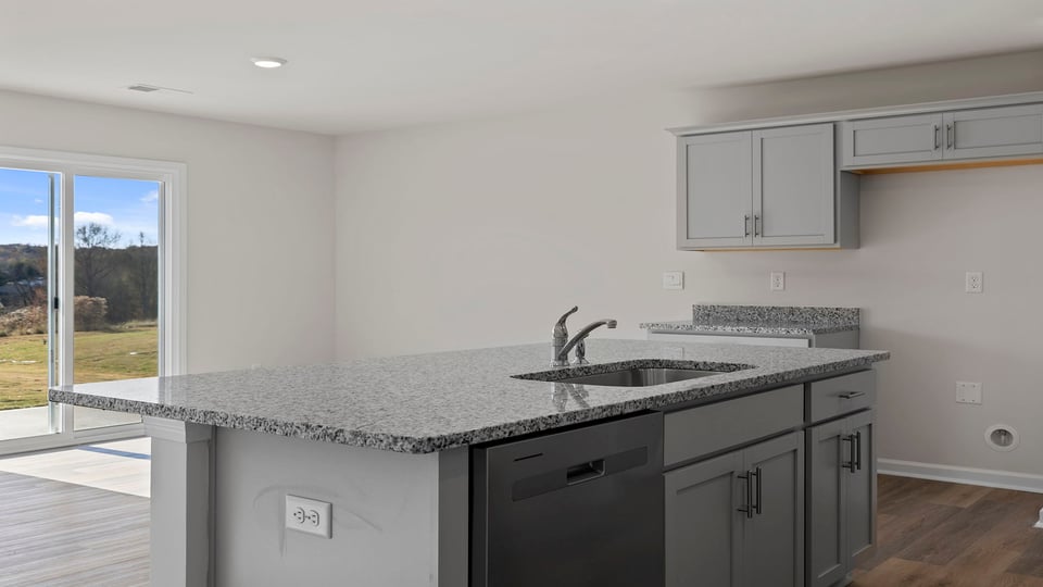 Kitchen island looks out toward the back yard.