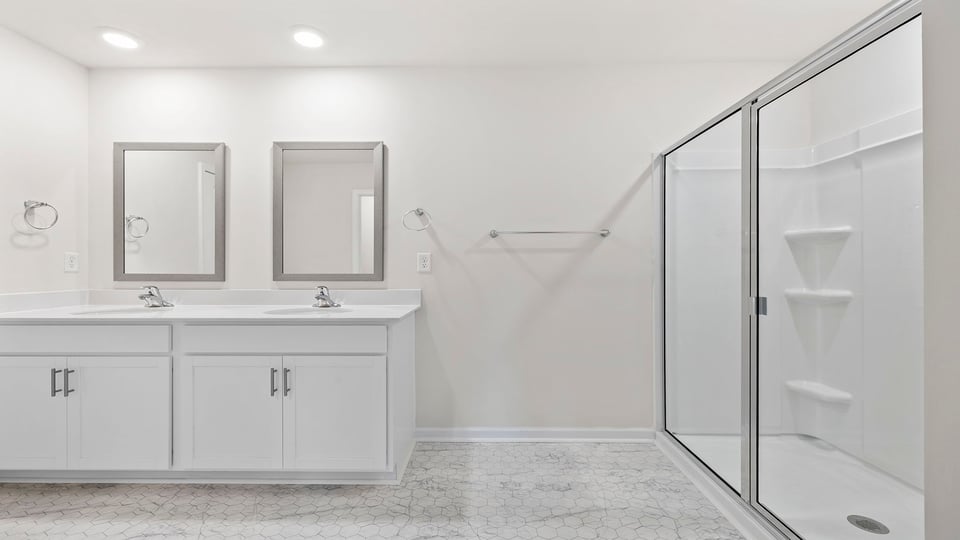 Primary bathroom with dual sink vanity and walk-in shower.