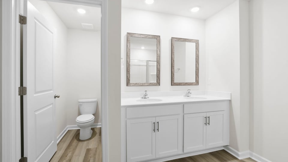 Bathroom with double vanity sink.