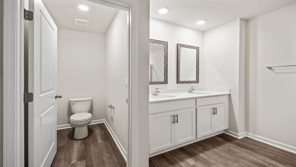 Primary bathroom with dual sink vanity