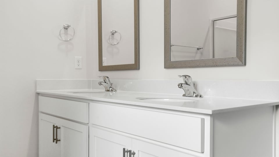 Primary bathroom with double vanity sinks.