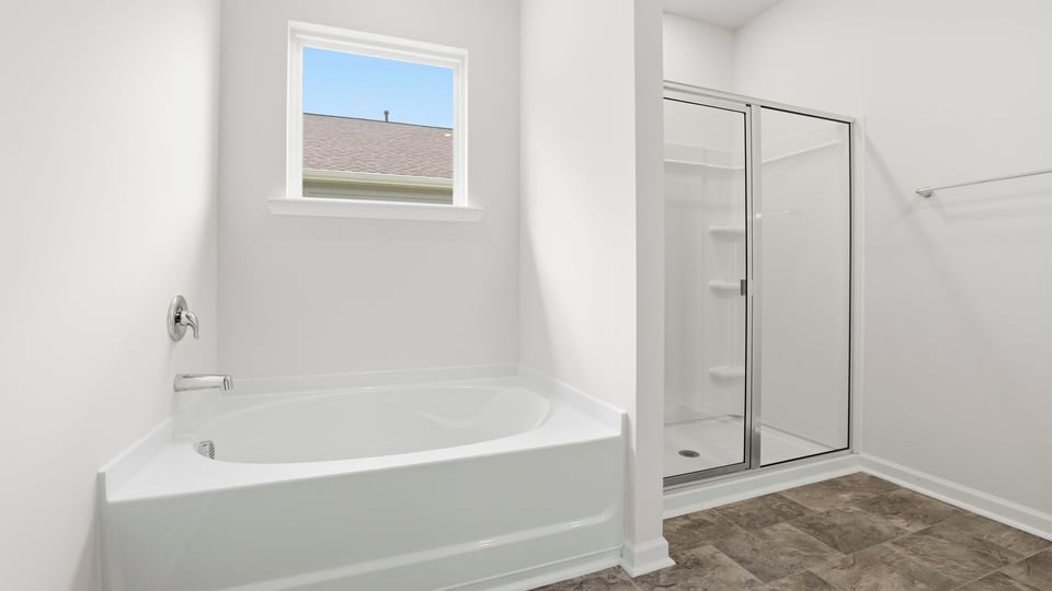 Primary bathroom with double vanity sinks.