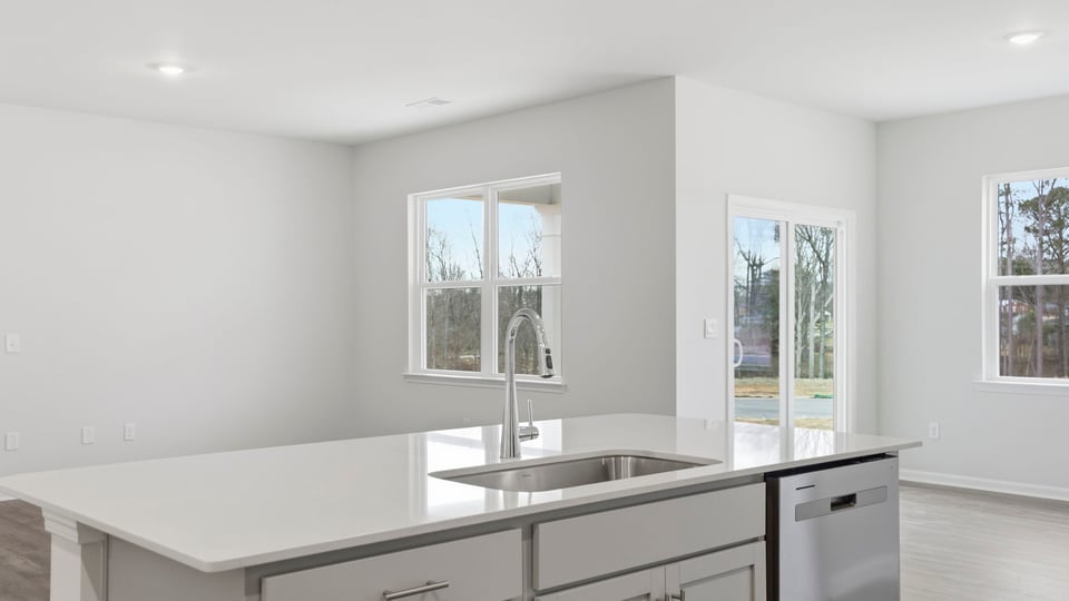 Island hosts sink and dishwasher over looking the dining area.