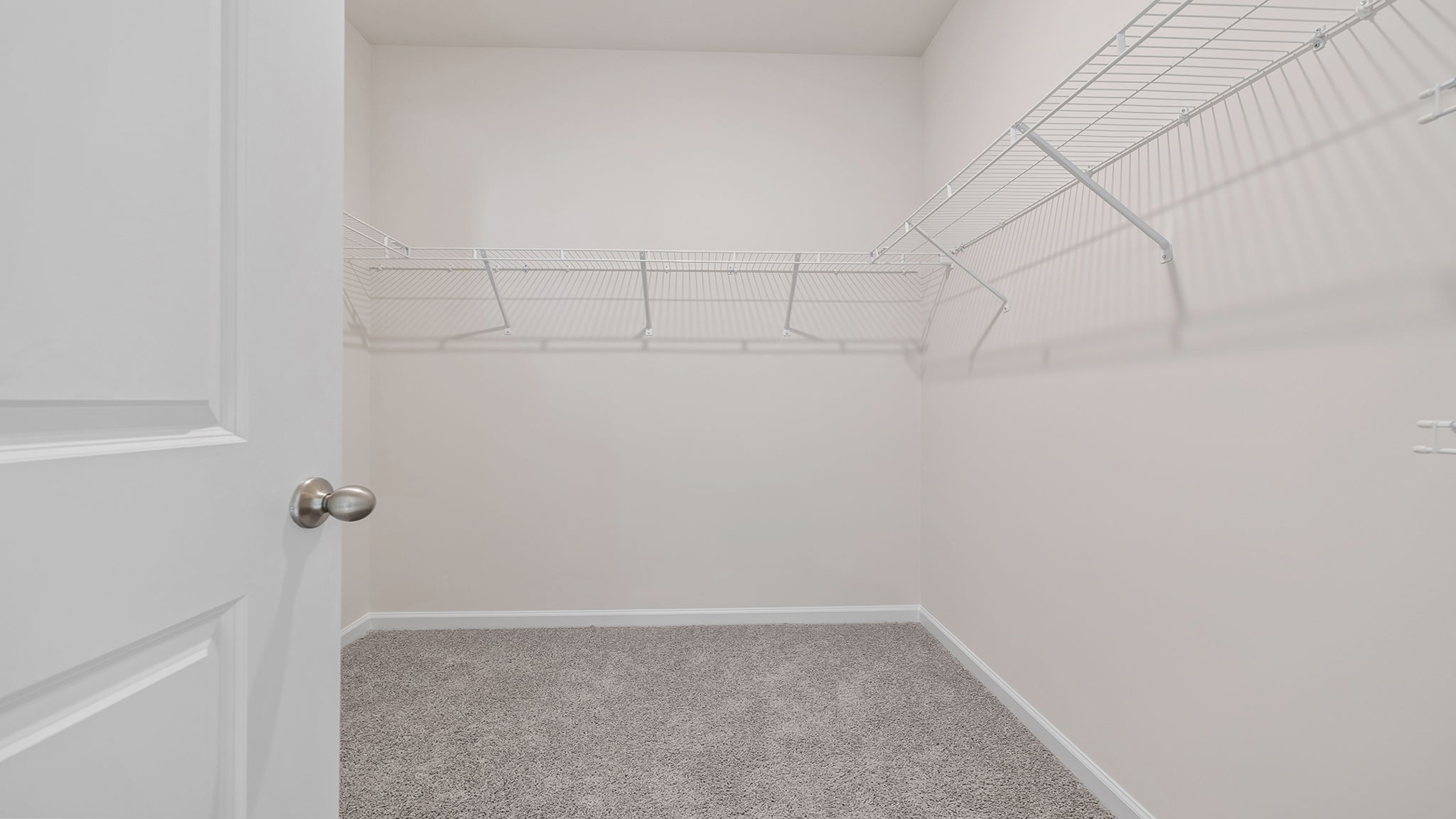 Primary closet with carpet and shelf.