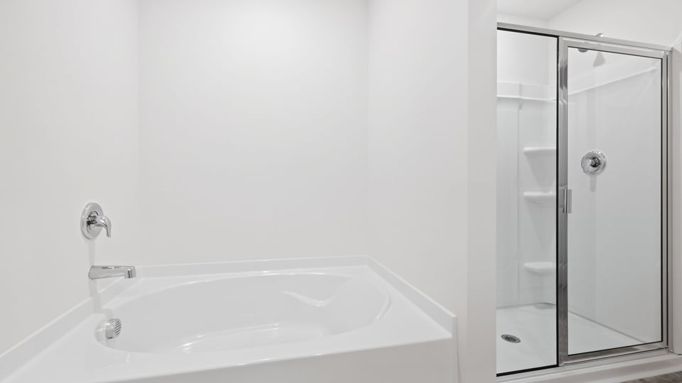 Primary bathroom with double vanity sinks.