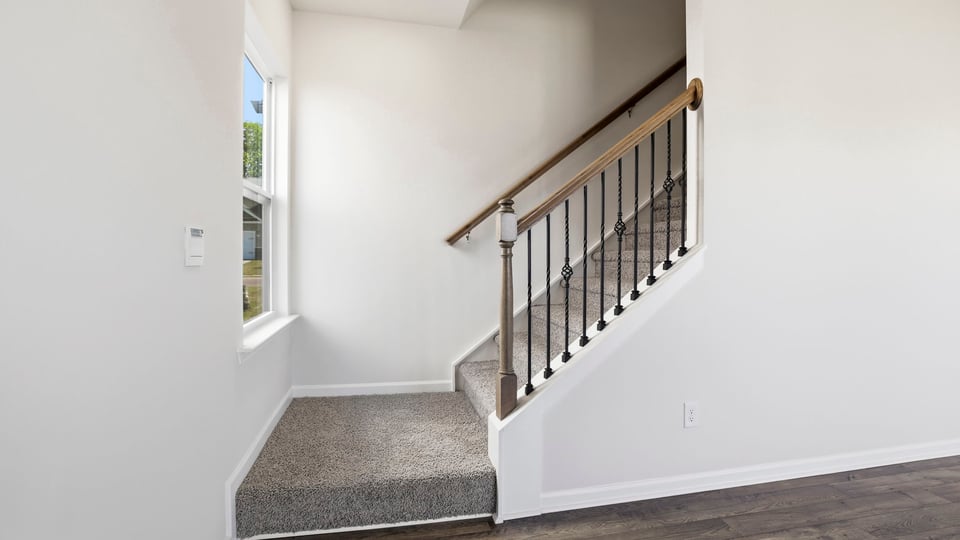 Stairs to second level with carpet.