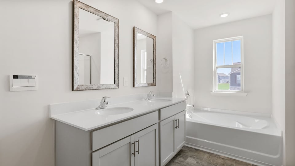 Bathroom with double vanity sink.
