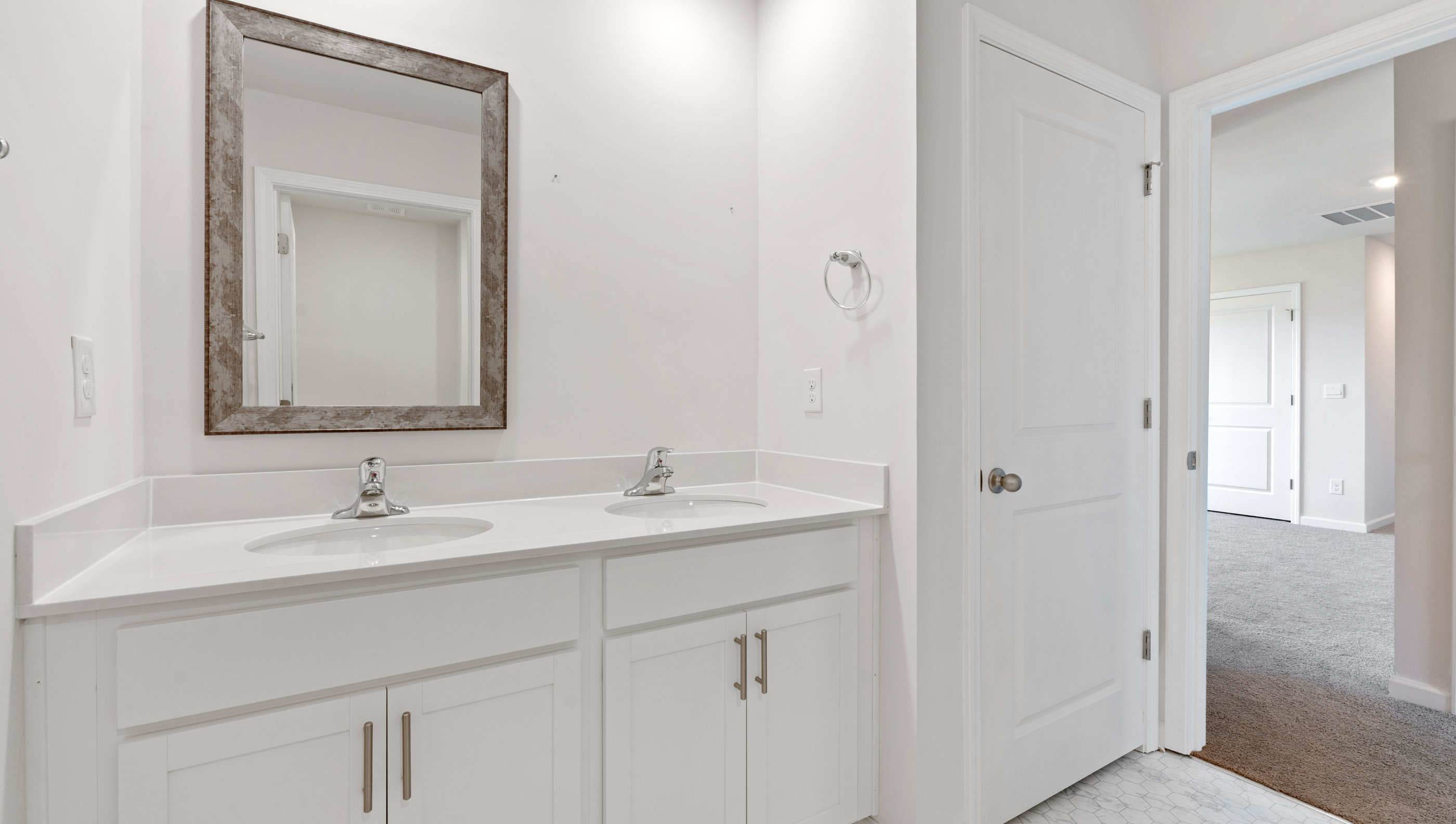 Hall bathroom with dual sink vanity.