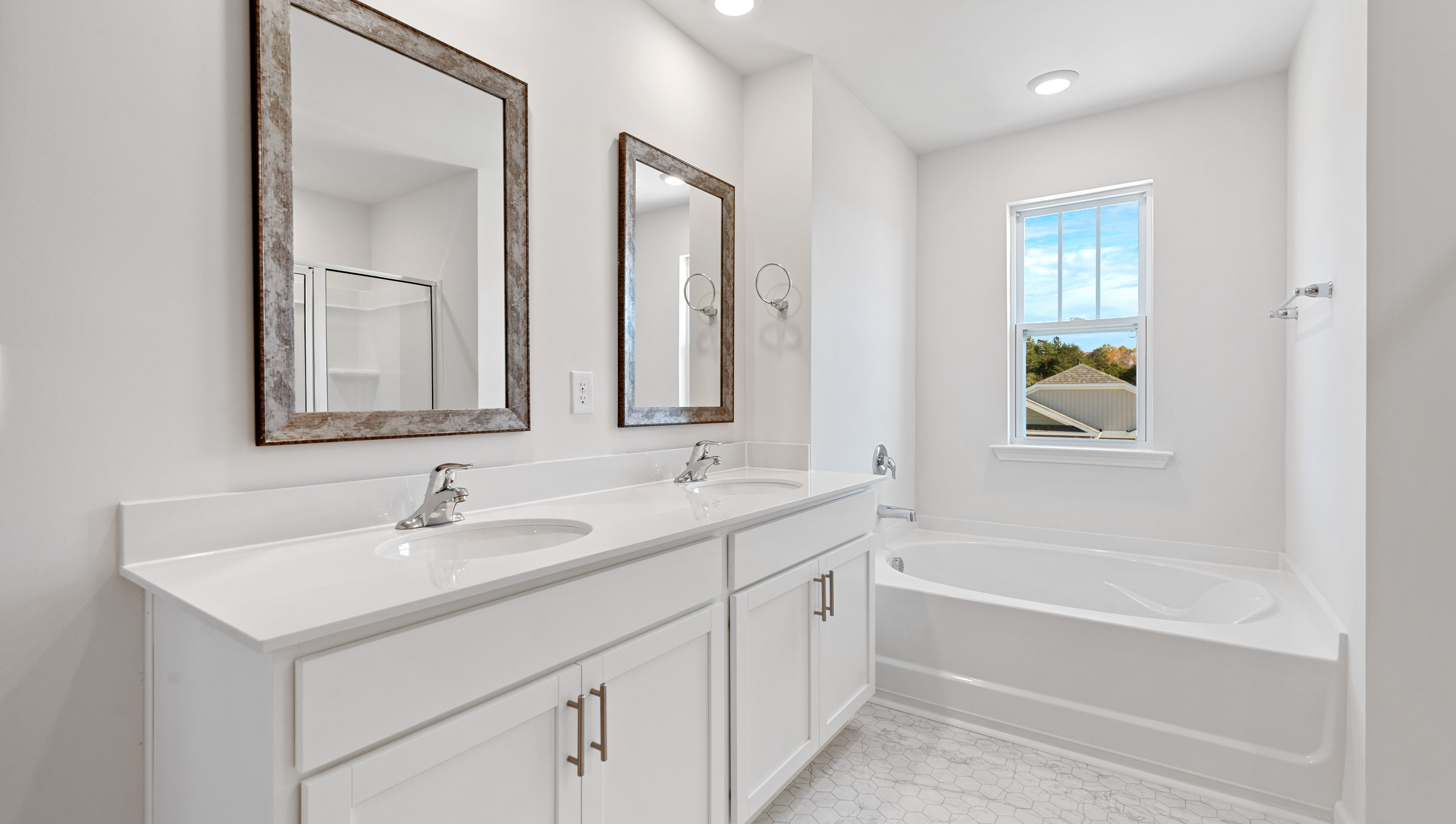 Primary bathroom with dual sink vanity.