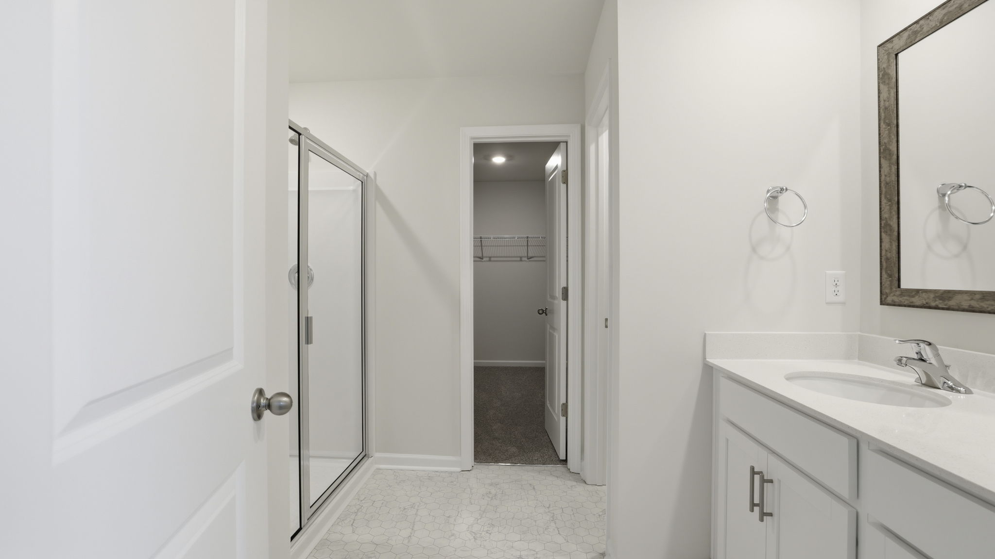 Primary bathroom with walk-in shower.