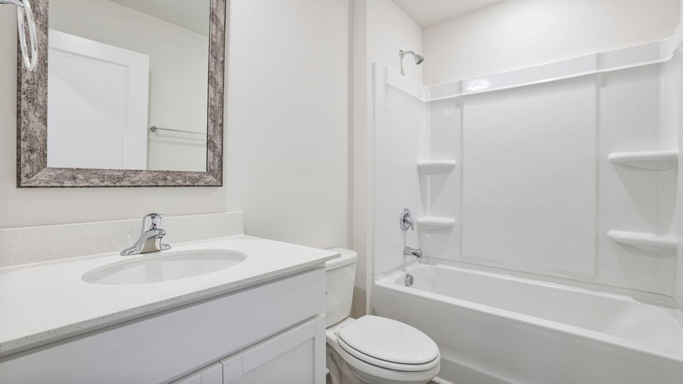 Hall bathroom with shower and vanity.
