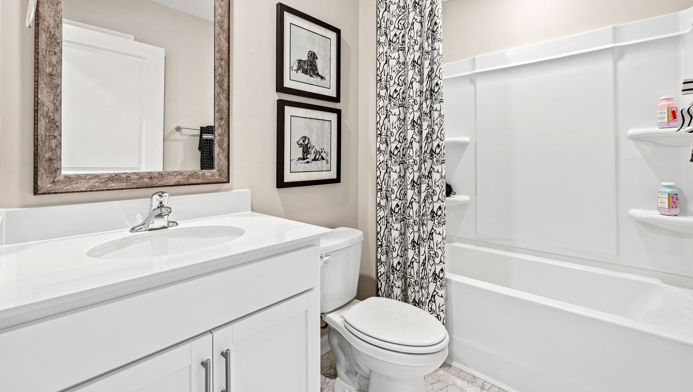 Bathroom with single vanity sink and tub.