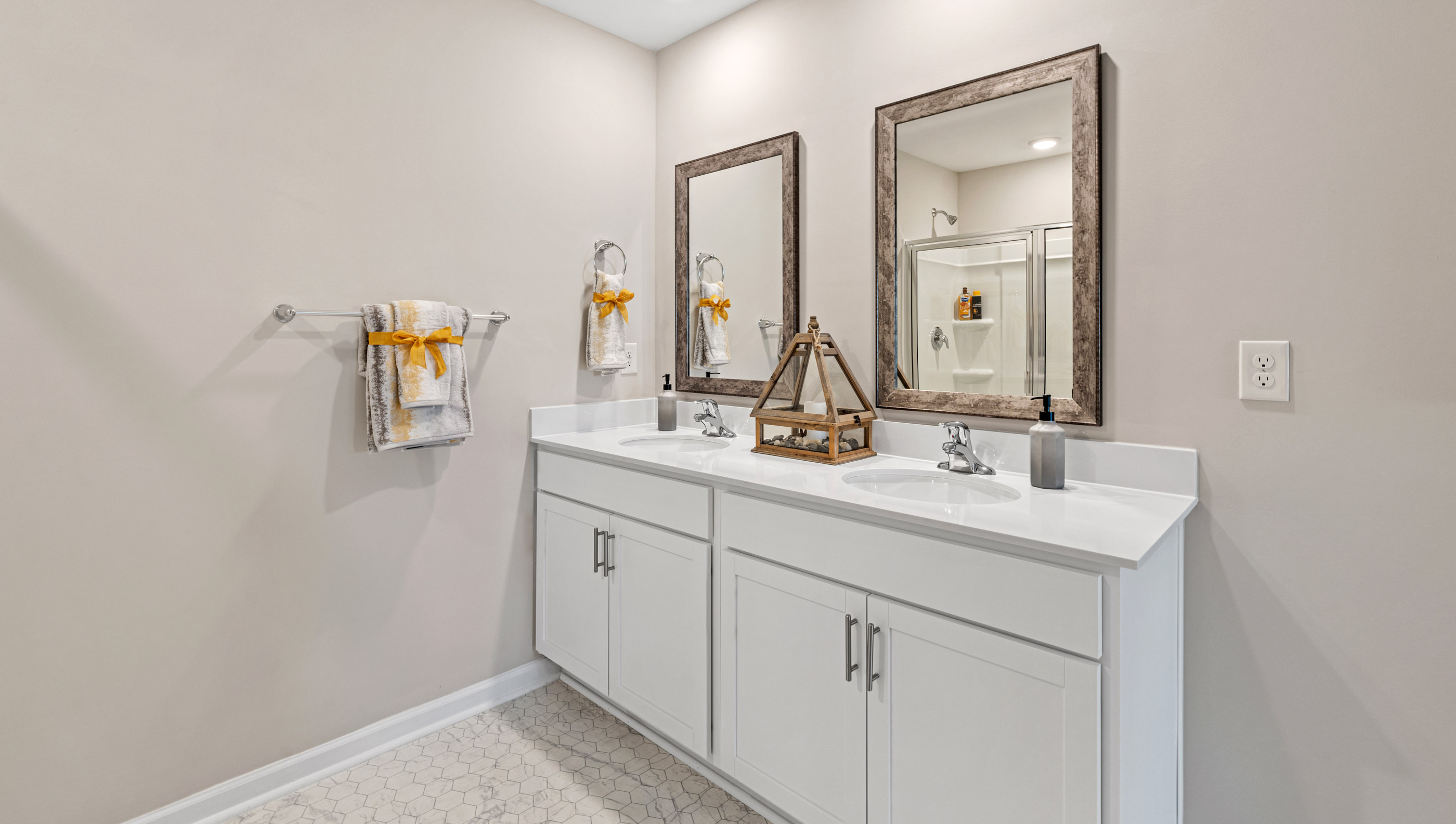 Bathroom with double vanity sink.