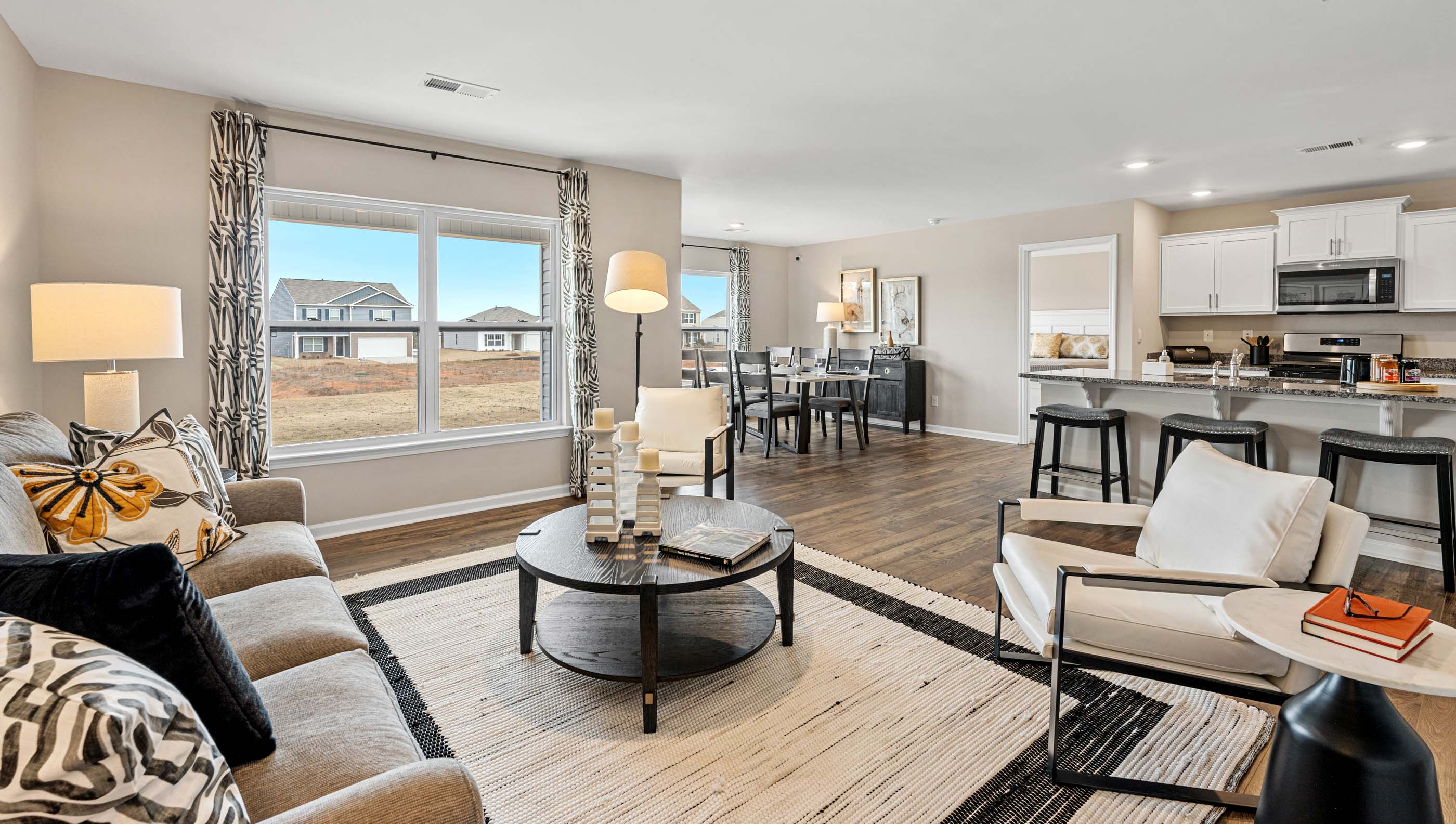 Family room with view of kitchen.