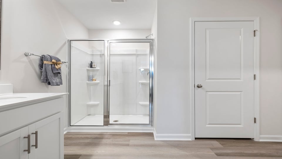 Bathroom with walk in shower and closet.