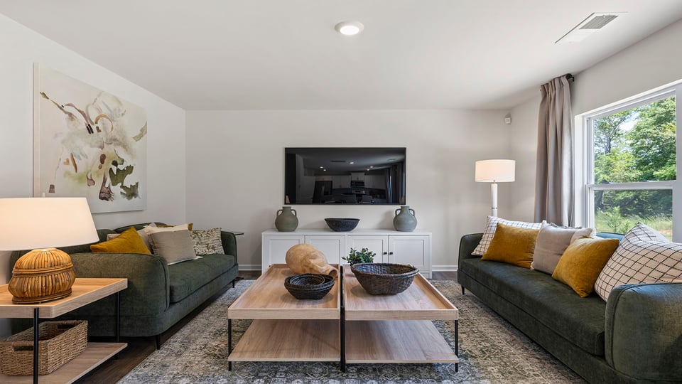 Family room with windows.