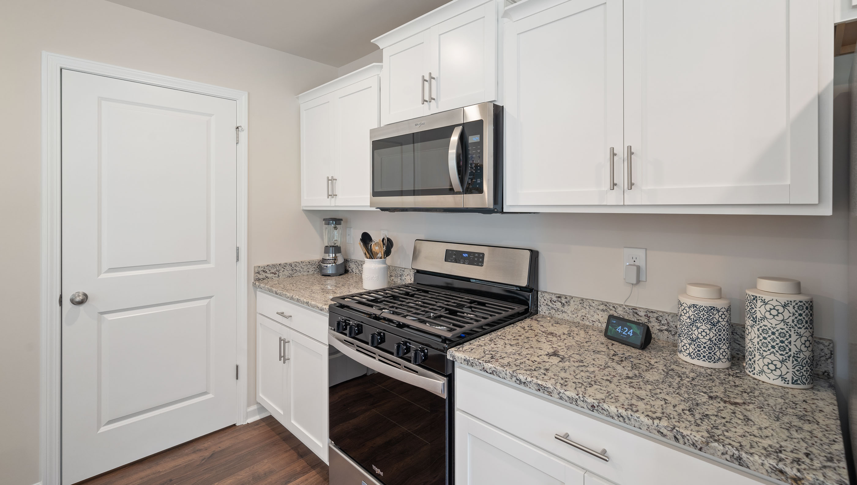 Kitchen with stainless steel appliances.