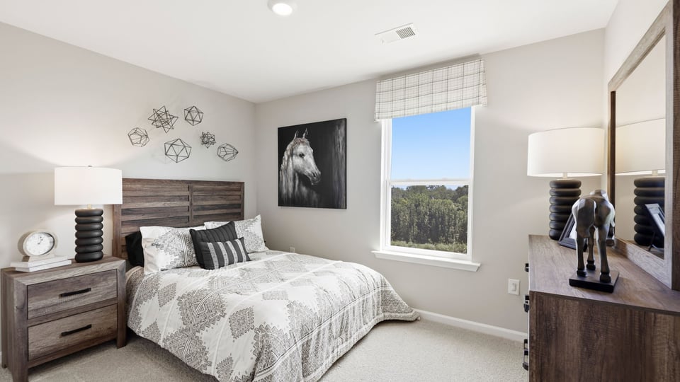 Bedroom with carpet and window.
