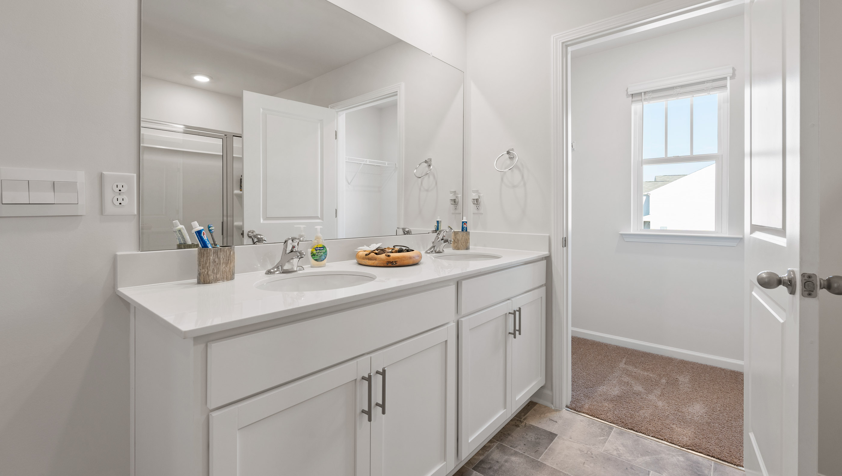 Bathroom with double vanity sink.