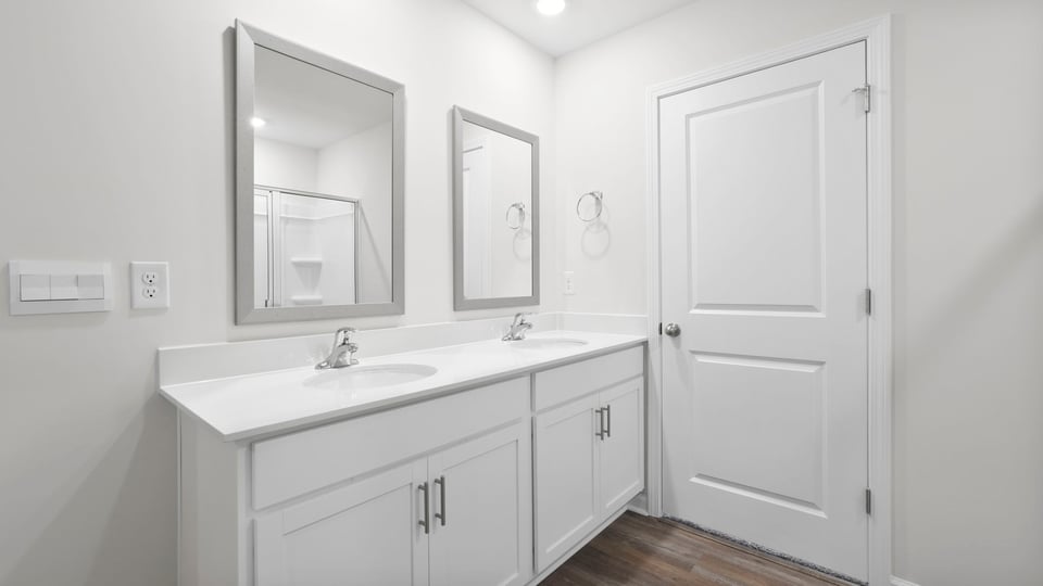 Bathroom with walk in shower and vanity.