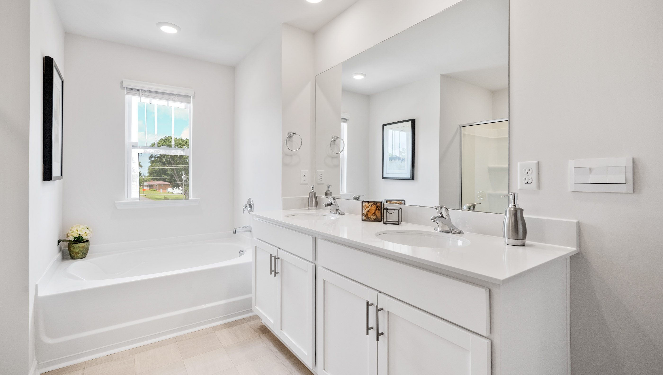 Bathroom with double vanity sink.