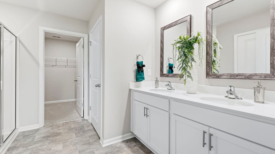 Bathroom with walk in closet and shower.