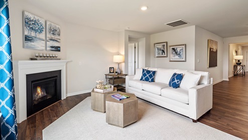 Family room with windows and fireplace.
