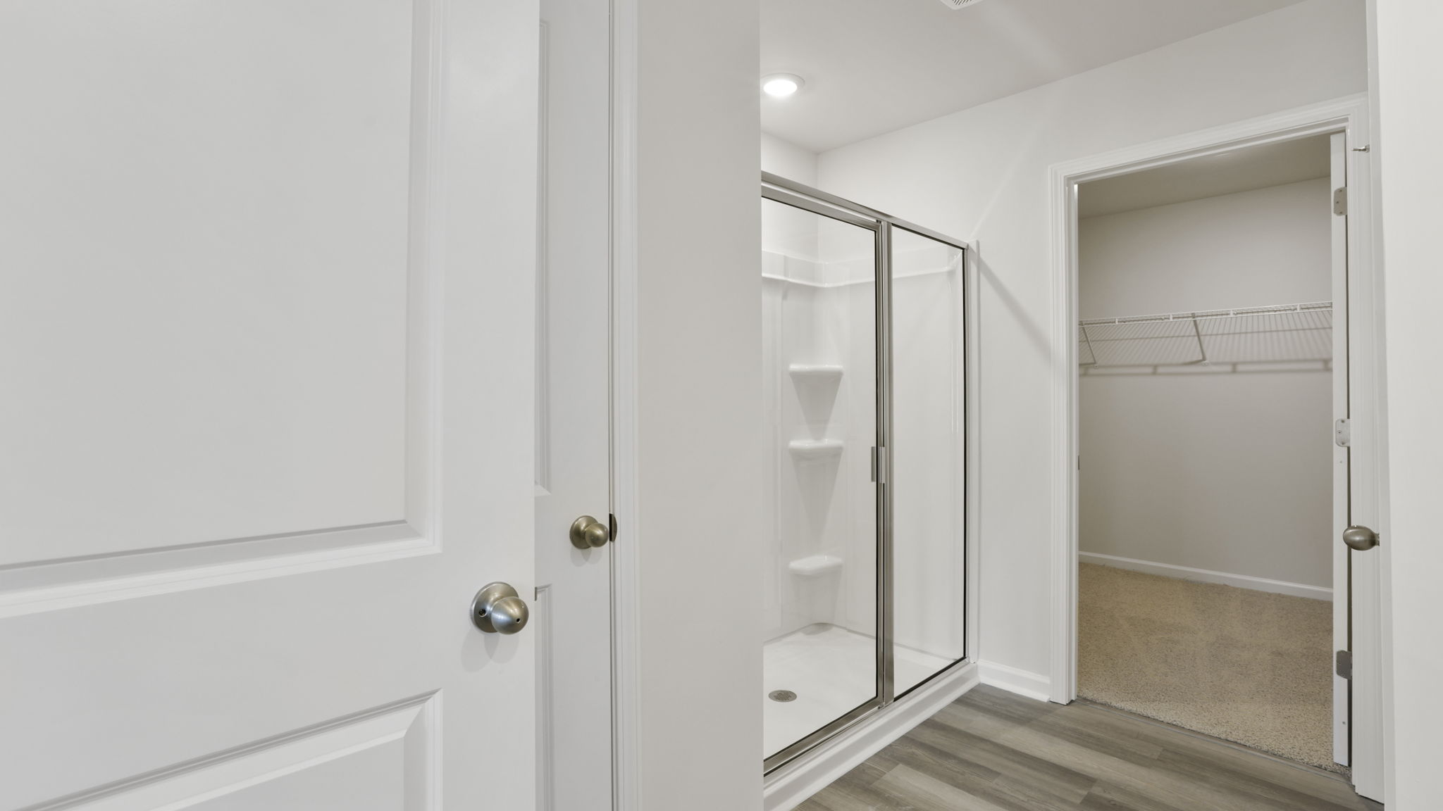 Bathroom with walk in shower and closet.