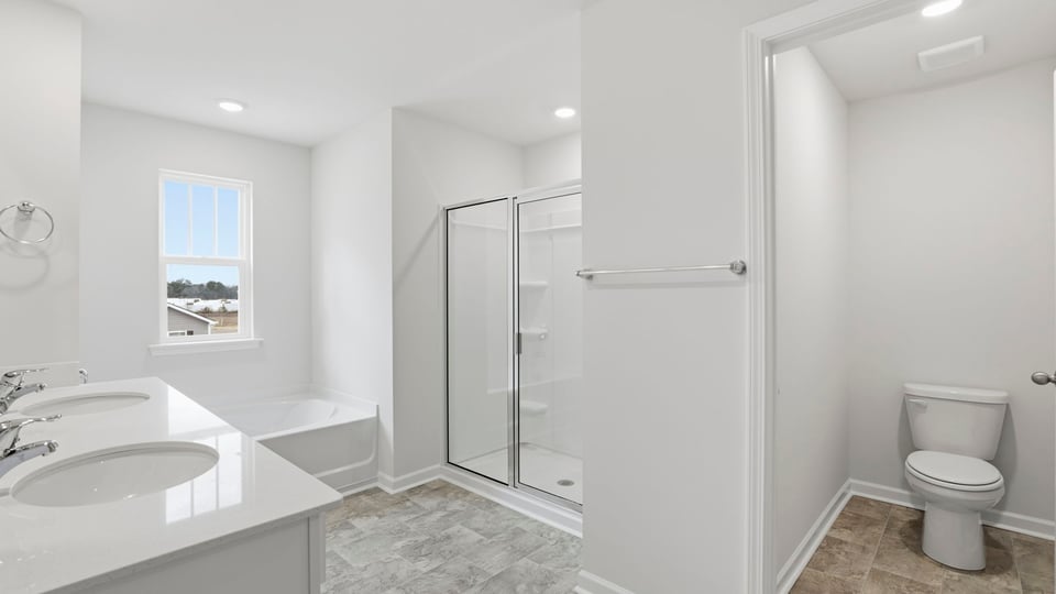 Bathroom with vanity and toilets.