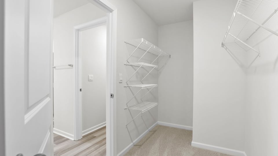 Primary walk-in closet with shelving.