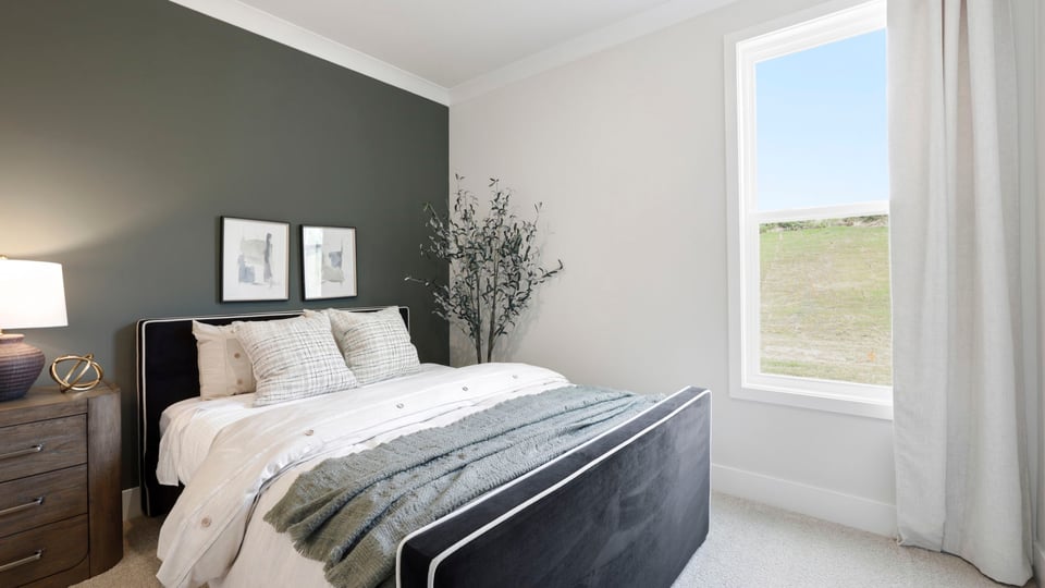 Bedroom with carpet and window.