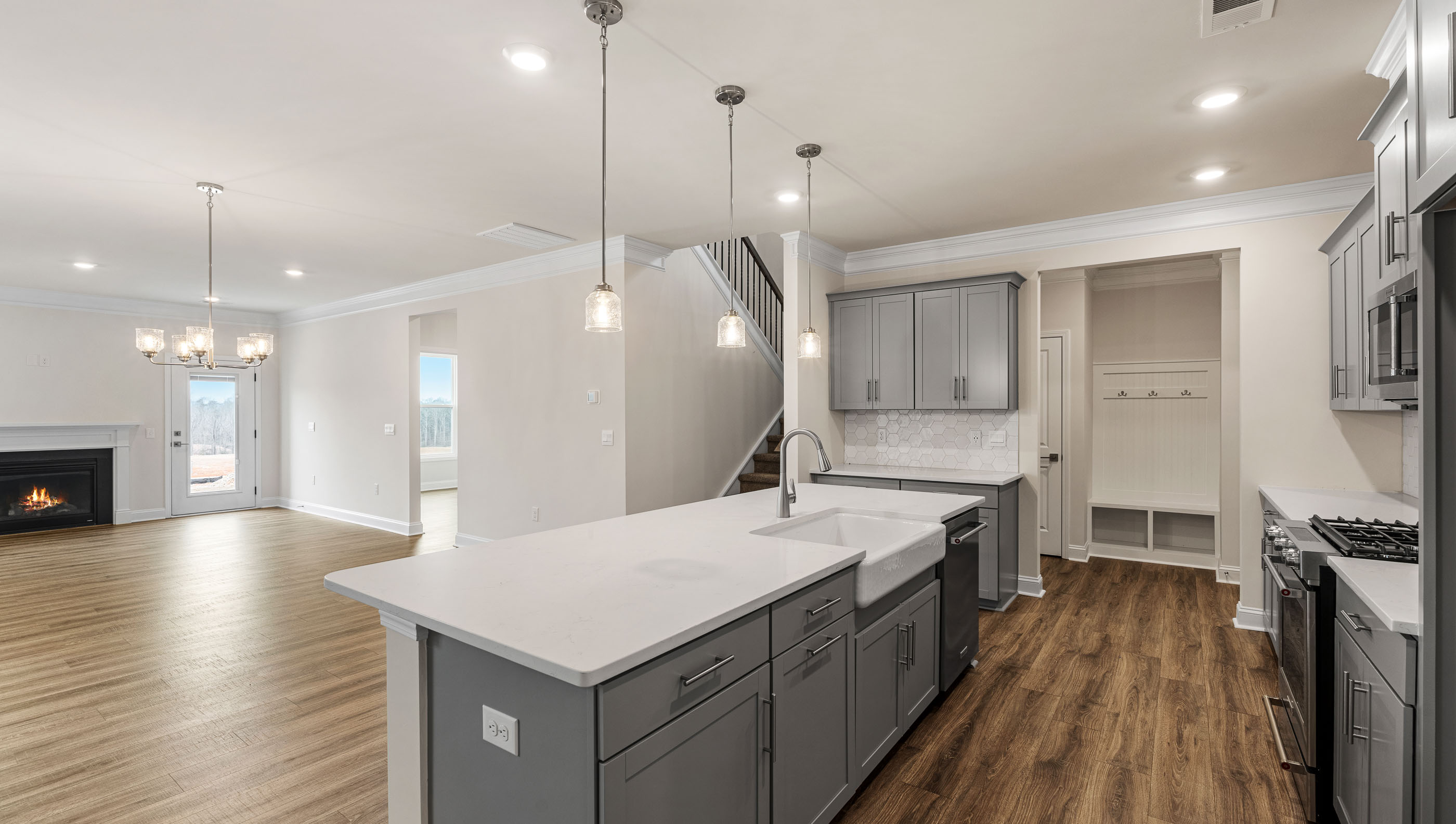 Kitchen with island and countertops.