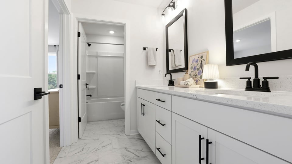 Bathroom with doble vanity sink and closetr.