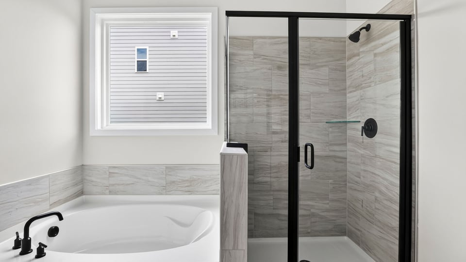 Bathroom with walk in shower and bathtub.