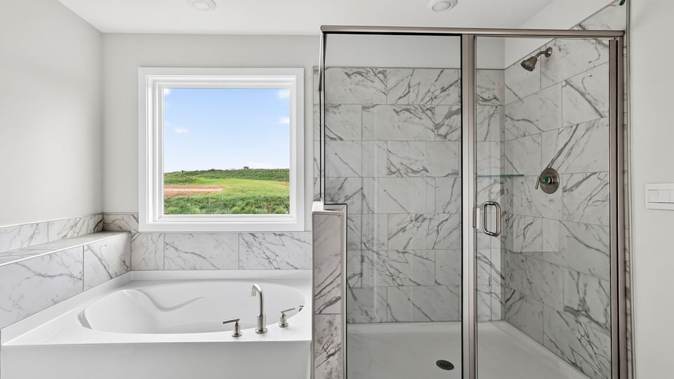 Bathroom with walk in shower and bathtub.