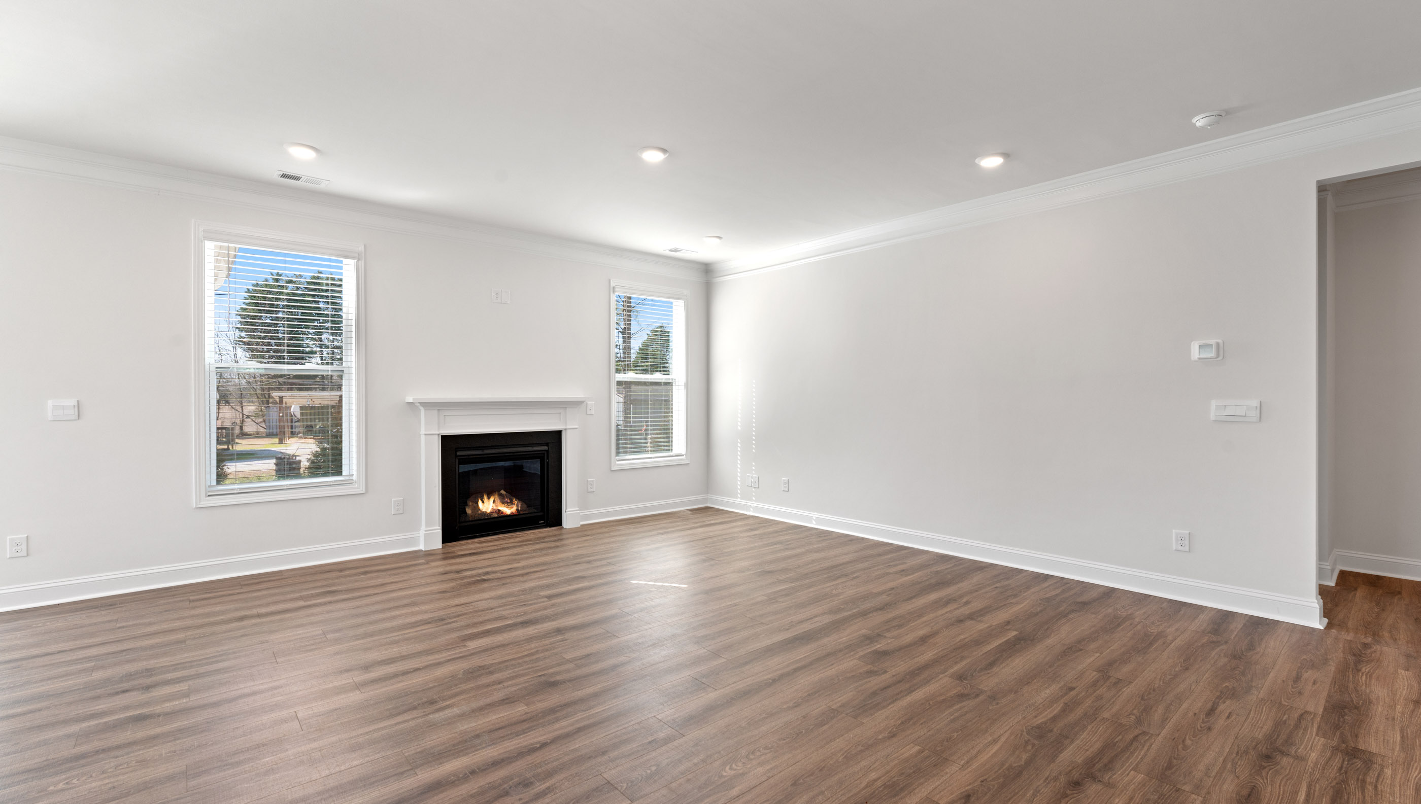 Gas log fireplace accented by two windows.