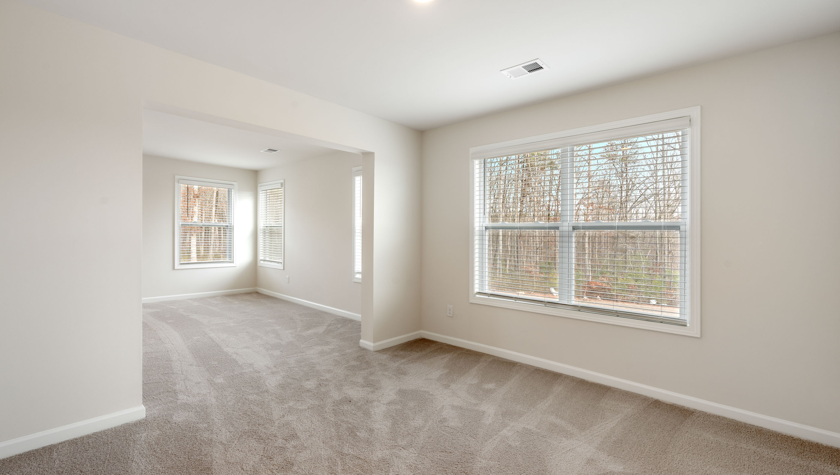Primary bedroom sitting area with carpet and windows.