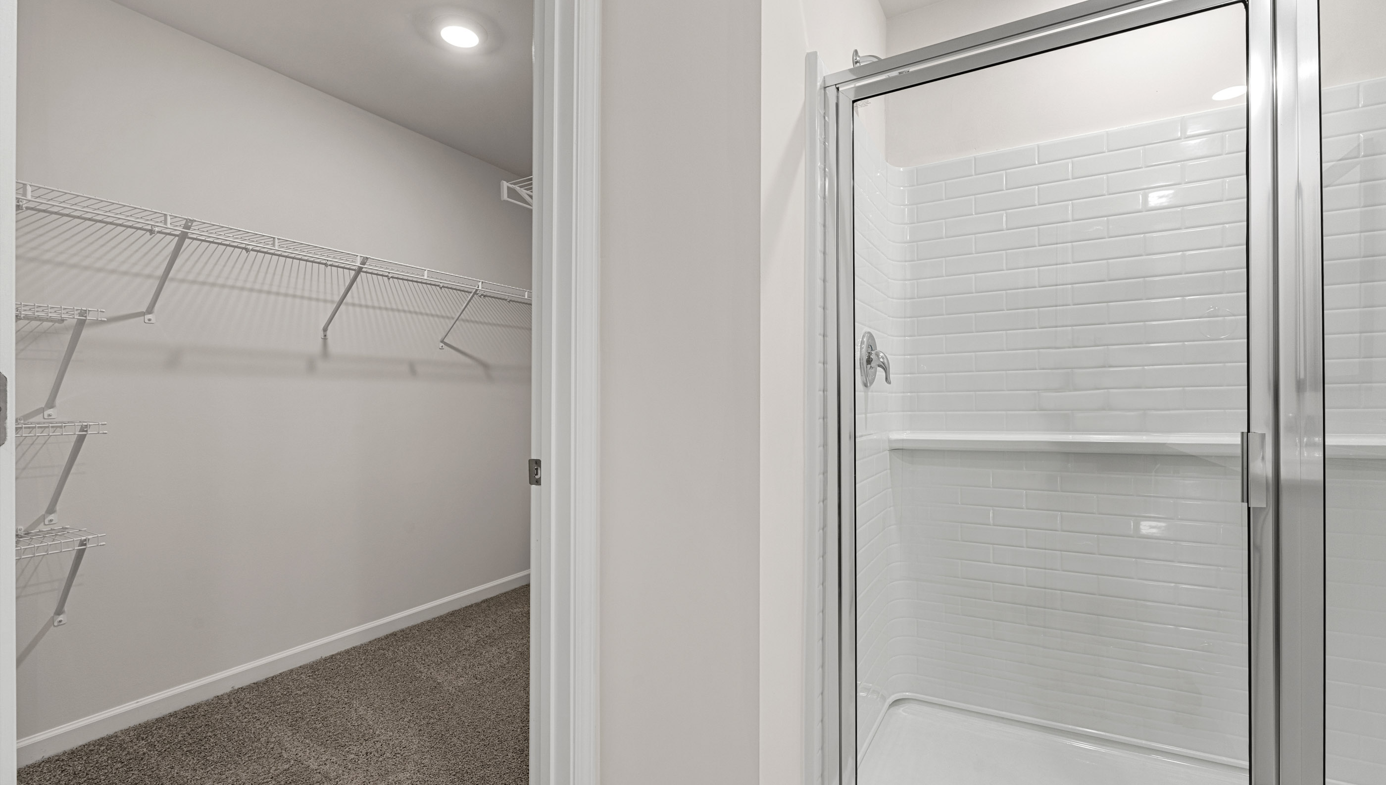 Bathroom with walk in shower and closet.